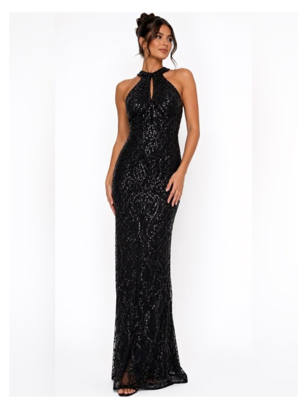 Bariano B57BD17L Khali Black Sequin Keyhole Halter Gown Size 8 NWT